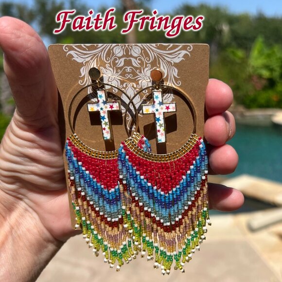 Handmade Beaded Long Faith Fringe Cross Dangle Drop Lightweight Post Earrings - Picture 11 of 11
